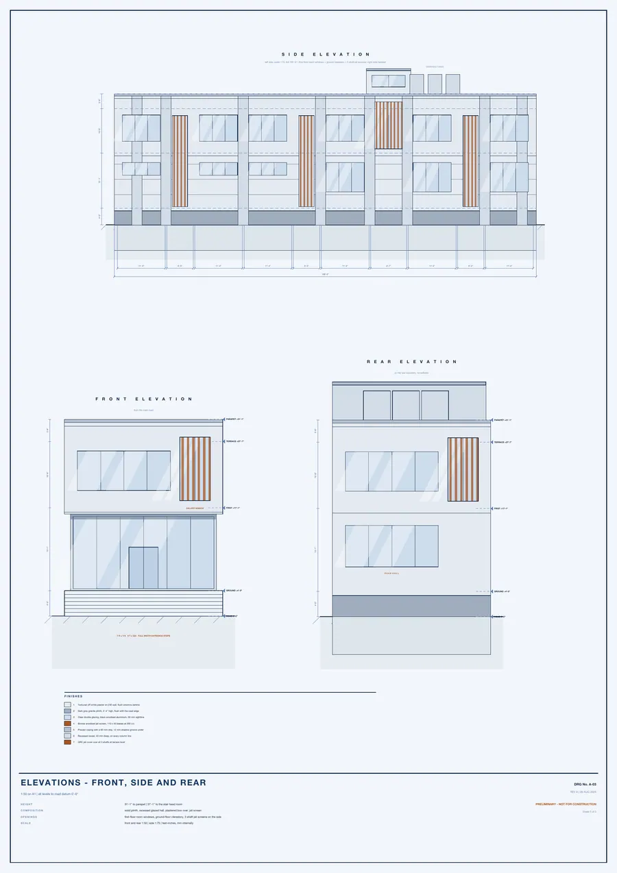 Front and side elevation of the base building