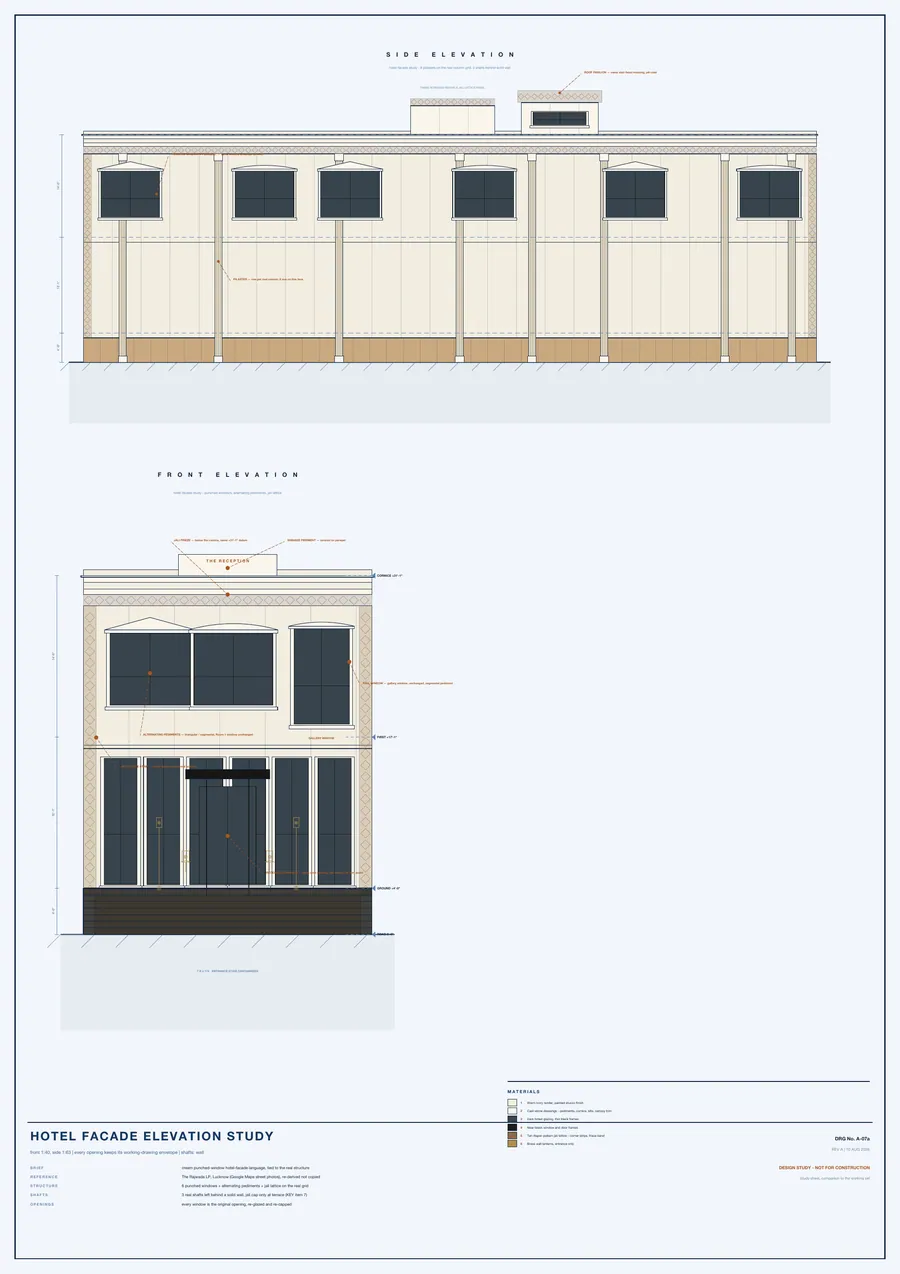 Hotel facade, shafts walled