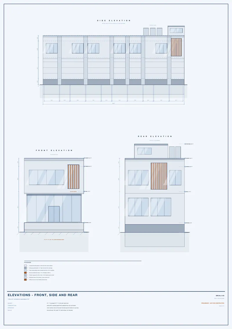 Elevations: front, side and rear