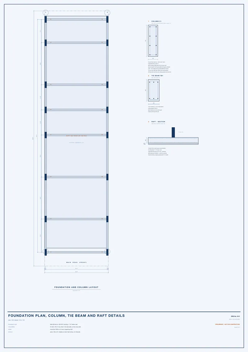 Foundation plan, column, tie beam and raft details