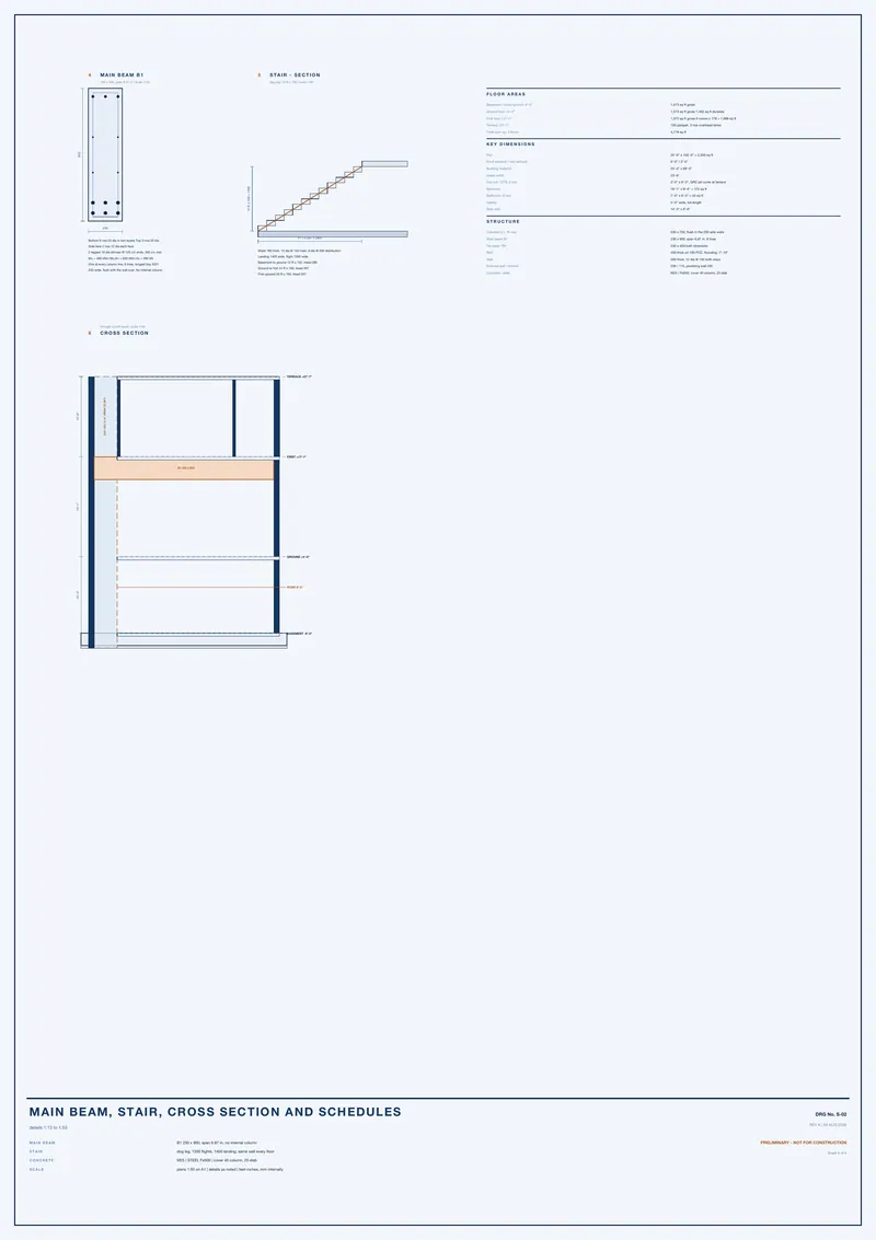 Main beam, stair, cross section and schedules