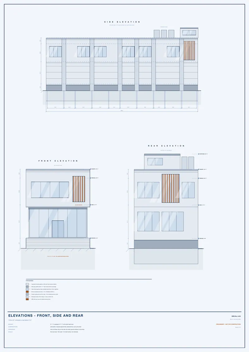 Elevations: front, side and rear