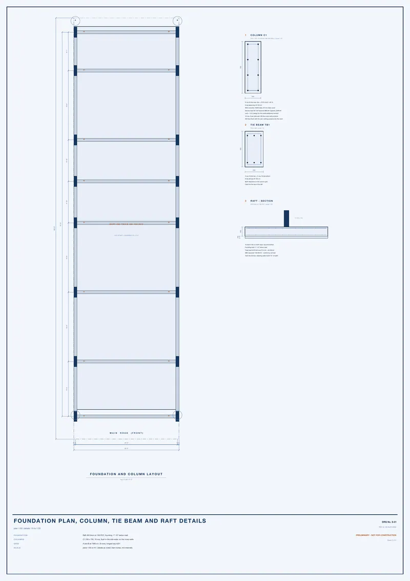 Foundation plan, column, tie beam and raft details