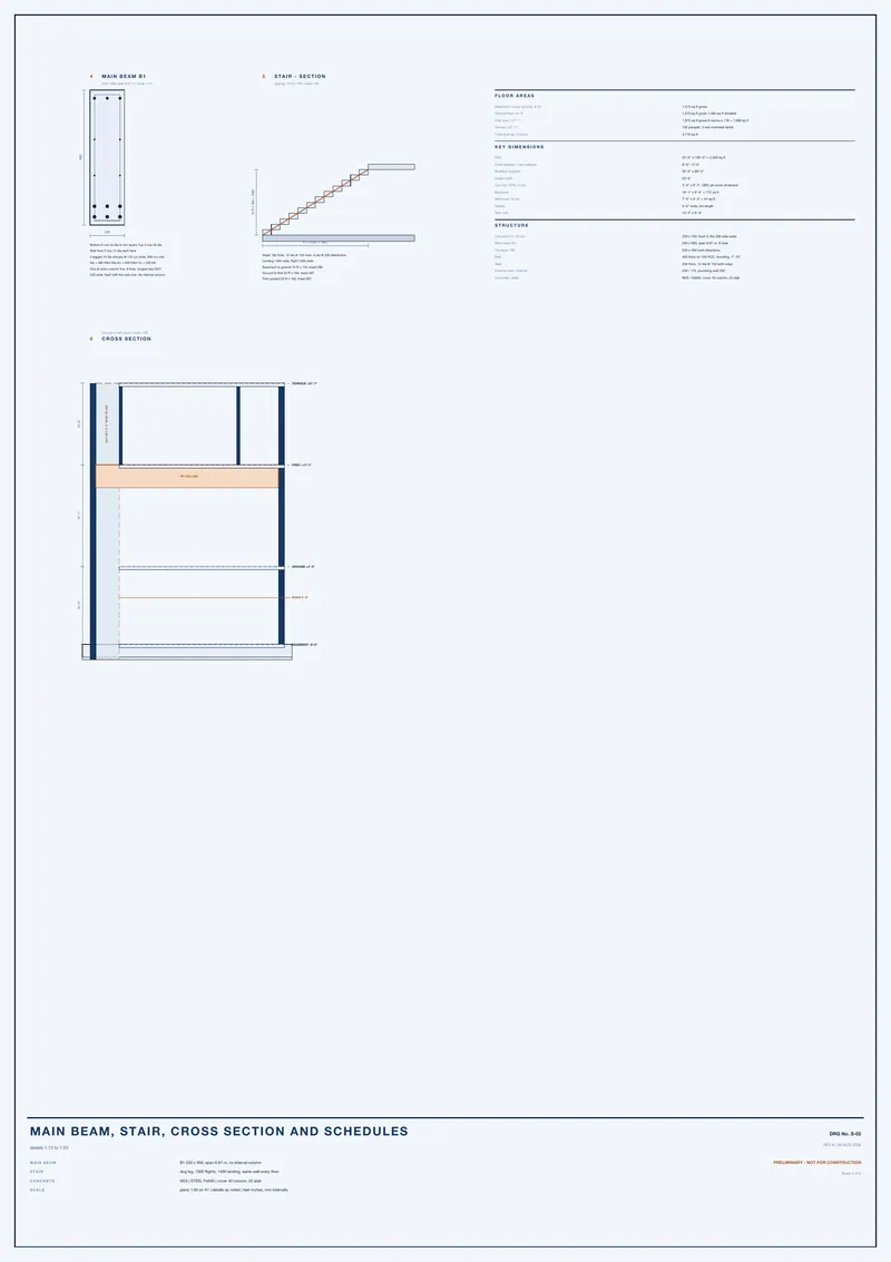 Main beam, stair, cross section and schedules